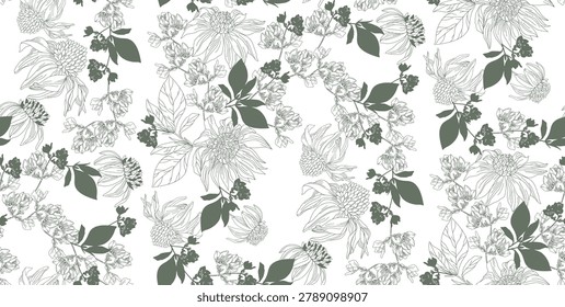  Vintage green pattern with daisies, flowers on a transparent background, for the production of fabrics, wallpaper, packaging