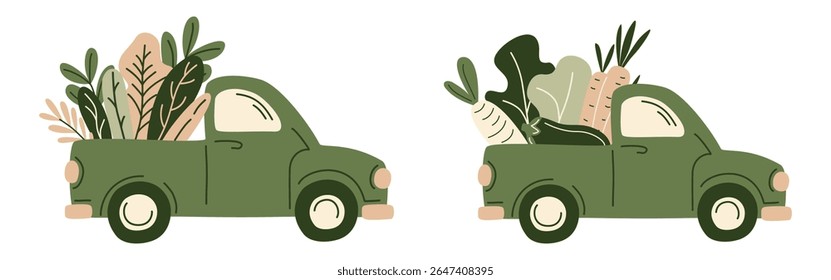 Vintage green pickup trucks loaded with fresh farm produce. Hand-drawn, organic vector illustration featuring vegetables and leafy greens. Perfect for farmers markets, organic food, countryside