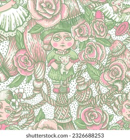 Vintage green and pink doll seamless pattern, vector rose flowers, needlework cartoon