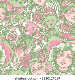 Vintage green and pink doll seamless pattern, vector rose flowers, needlework cartoon
