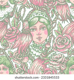 Vintage green and pink doll seamless pattern, vector rose flowers, needlework cartoon