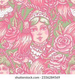 Vintage green and pink doll seamless pattern, vector rose flowers, needlework cartoon