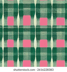 Vintage green and pink plaid pattern, grunge lines ikat pattern, striped seamless pattern, Vector illustration background for print the paper.