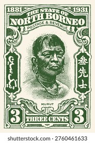 A vintage green postage stamp from North Borneo features a detailed portrait of a man. The stamp is dated 1881-1931 and has a value of three cents, The stamp is dated 1881-1931 and has a value of
