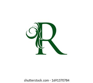 Vintage Green R Letter Floral logo. Vintage drawn emblem for book design, weeding card, brand name, business card, Restaurant, Boutique, Hotel. 