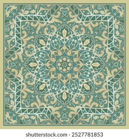 Vintage green scarf design. Vector pattern for a neckerchief, carpet, kerchief, bandana, rug. Traditional floral pattern.