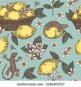 Vintage green seamless pattern with lizards and blooming lemon tree. Engraving style. Vector illustration.