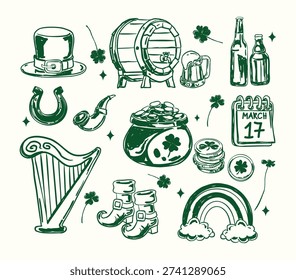 Vintage green St. Patrick’s Day elements set featuring clovers, leprechauns, hats, gold coins, rainbows, and festive icons. Perfect for holiday designs, party decorations, and cheerful Irish celebration graphics.