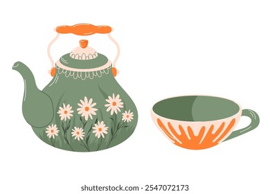 Vintage green teapot and cup with floral daisy and leaf decorations in flat style. Ideal for rustic kitchen decor, retro design and cozy tea time illustration. Isolated on white background.