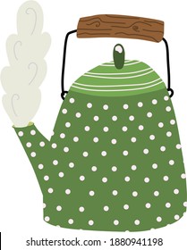 Vintage green teapot with polka dots and stripes. Hot smoking kettle with wooden handle. Trendy flat vector concept of steaming boiling kettle for web, app, dishes shop decor. Hand drawn illustration.