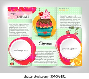 Vintage, green, template design, brochure, flyer with white, round, labels, yellow, pink watercolors shapes, text, cupcake with whipped cream and red cherry, gray background, retro design