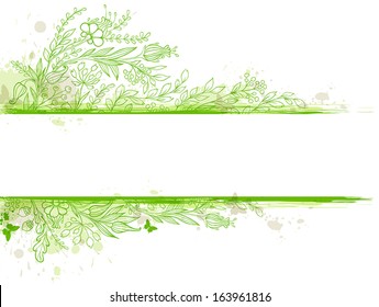Vintage green vector banner with flowers and leaves