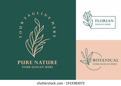 Vintage Green, White, Pink, Hand Drawn Leaf Botanical Logo Illustration Design Set For Beauty, Natural, Organic Brand