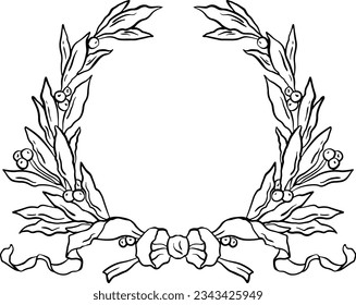 Vintage greenery floral line art wreath.