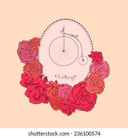 Vintage greeting beautiful card with  bicycle. Retro frame of bicycle made in vector. Perfect cards with flowers, or for any other kind of design, birthday and other holiday. Bright illustration