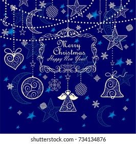 Vintage greeting blue card with golden lacy hanging decoration for 2018 New year