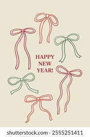 Vintage greeting card with abstract hand drawn bows and quote happy new year. Vector illustration of holiday ribbons. Coquette retro aesthetic
