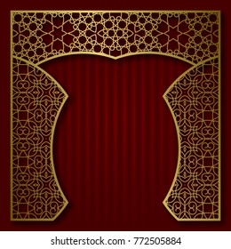 Vintage greeting card or album cover background with golden patterned arched frame