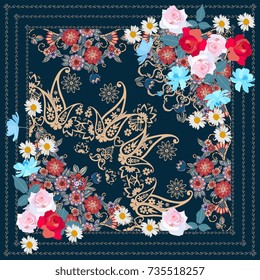 Cartão vintage ou guardanapo bonito com paisley e cachos de flores de jardim. Ilustração vetorial em estilo russo.