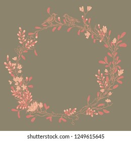 Vintage Greeting Card with Blooming Flowers and Birds. Thank You with Place for Your Text. Wildflowers, Vector Illustration. A frame of flowers and flowers with birds. Autumn colors.