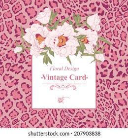 Vintage greeting card with blooming flowers on pink leopard background