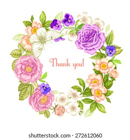 Vintage greeting card with blooming flowers and butterfly. Thank you with place for your text. Roses. Sakura. Pansies. Vector Illustration.