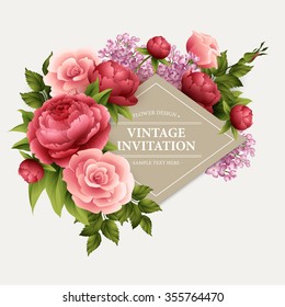 Vintage  Greeting Card with Blooming Flowers.  Vector Illustration EPS10
