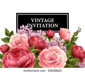 Vintage  Greeting Card with Blooming Flowers.  Vector Illustration 