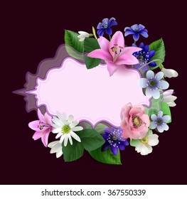 Vintage Greeting Card with Blooming Flowers. Vector Illustration 