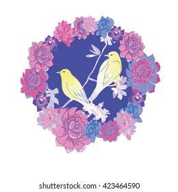 Vintage  Greeting Card with Blooming Flowers and Birds.