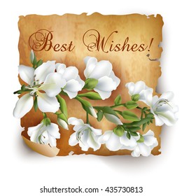 Vintage greeting card with blooming flowers, 'Best Wishes' wording and place for your text. Vector illustration