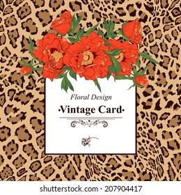 Vintage greeting card with blooming tropical flowers on  zebra background