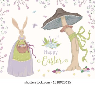 Vintage greeting card with bunny character and design elements for the Easter holiday. Easter bunny, eggs, flowers, basket, mushroom, butterflies and chicks. Vector illustration in watercolor style