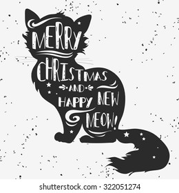 Vintage greeting card. Cat. Merry christmas and happy new meow.  Grunge texture.For print on T-shirts and bags, posters, invitations and cards. Hipster style.