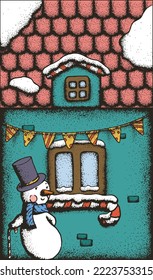 Vintage greeting card for Christmas and New Year. A house with tiled roof, garland of flags, cheerful snowman in a top hat with a cane. Hand drawn Dotwork vector illustration with color change option