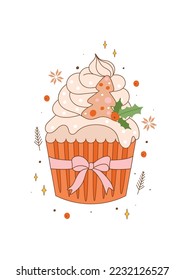 Vintage greeting card with Christmas sweet cupcake or muffin with cream and decoration. Christmas cake and décor elements in 70s style. New year vector illustration.