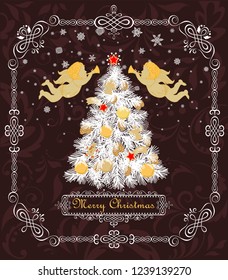Vintage greeting card with Christmas white tree with golden balls, baubles, cookies, candy, angels, star and gingerbread, paper handmade snowflakes and decorative floral frame