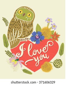Vintage Greeting Card With Cute Owl, Heart And Floral Wreath. Beautiful Background, Can Be Used As Greeting Card. Romantic Invitation Design . I Love You, Words Lettering. Vector Illustration.