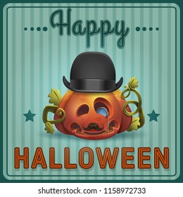 Vintage greeting card - cute pumpkin with hat bowler and monocle. Vector illustration with text Happy Halloween.