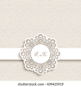 Vintage greeting card with cutout paper lace label, wedding invitation or announcement template, eps10 vector illustration