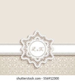 Vintage greeting card with cutout paper lace label, wedding invitation or announcement template, eps10 vector illustration