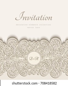 Vintage greeting card with cutout paper border pattern, wedding invitation or announcement template, eps10 vector illustration