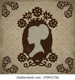 Vintage greeting card design. Antique postcards. Beautiful woman face silhouette in profile. Cute vintage frames with ladies silhouettes. Art nouveau frame