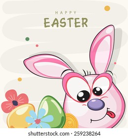 Vintage greeting card design with cute bunny, flowers and eggs for Happy Easter celebration.