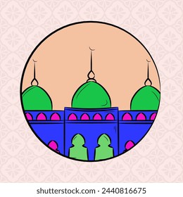 Vintage greeting card design for Islamic holy month of prayers Ramadan Kareem celebrations with mosque and people reading namaz (Muslim's prayer on seamless pattern.