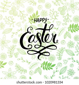 Vintage greeting card for Easter. Hand drawn lettering text Happy Easter on grunge background. Holiday card.