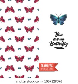 Vintage greeting card with fashion rhinestones or stitched fabric embroidery insects. Decorated by seamless pattern background with embroidered insect bug. Slogan: you are my butterfly.