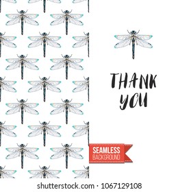 Vintage greeting card with fashion rhinestones or stitched fabric embroidery insects. Decorated by seamless pattern background with embroidered insect bug. Slogan: thank you.