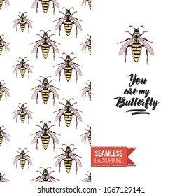 Vintage greeting card with fashion rhinestones or stitched fabric embroidery insects. Decorated by seamless pattern background with embroidered insect bug. Slogan: you are my butterfly.