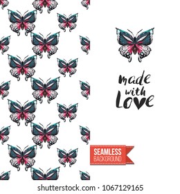 Vintage greeting card with fashion rhinestones or stitched fabric embroidery insects. Decorated by seamless pattern background with embroidered insect bug. Slogan: made with love.